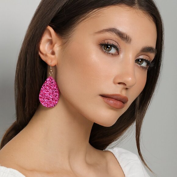 unbranded Jewelry - Retro Glittered Teardrop Dangle Earrings Faux Leather Pink Purplish 3" Drop NWT